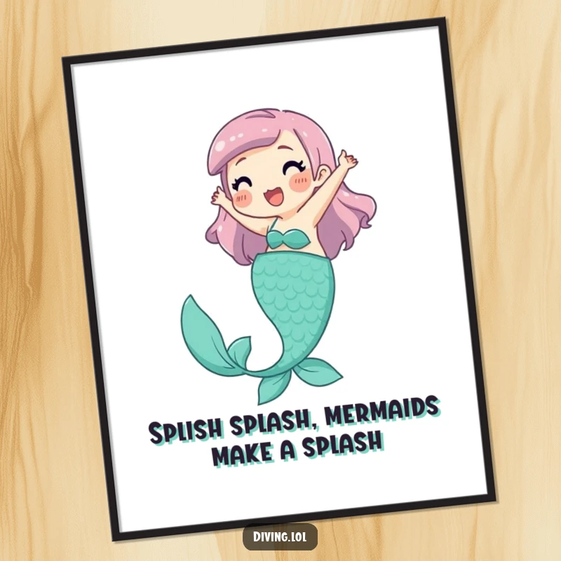 Funny Free Printable Wall Art of a playful character joyfully pretending to be a mermaid, kicking fins with pure delight.
