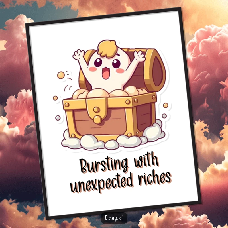 Funny Free Printable Wall Art of a surprised character bursting upwards from a treasure chest filled with bubbling excitement.
