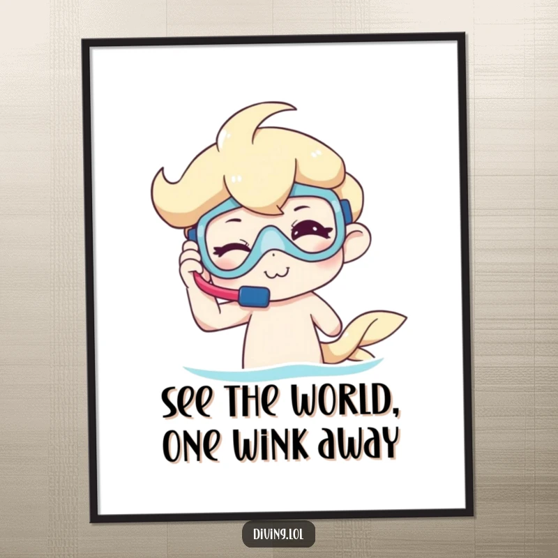 Funny Free Printable Wall Art: Character winking while adjusting snorkel gear, bringing quirky underwater charm to your decor.