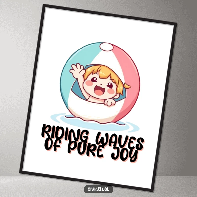 Funny Free Printable wall art of a delighted character enthusiastically waving from a bobbing beach ball.