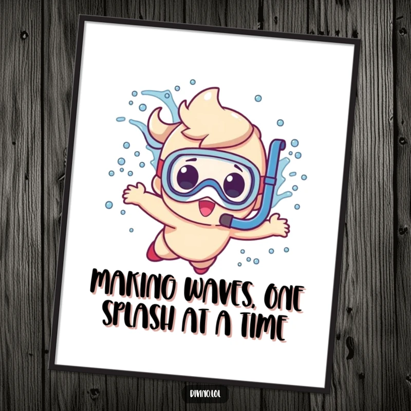 Funny Free Printable Wall Art: Cute character diving with snorkel, making a huge splash, underwater theme, downloadable art.