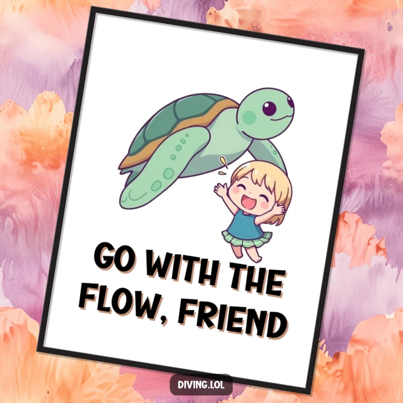 Funny Free Printable Wall Art: A cute character joyfully waving with excitement at a passing sea turtle.