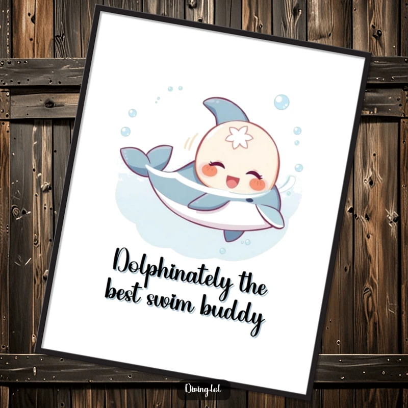 Funny Free Printable Wall Art: Sweet creature gleefully swimming with playful dolphin, cheerful underwater scene, downloadable art.