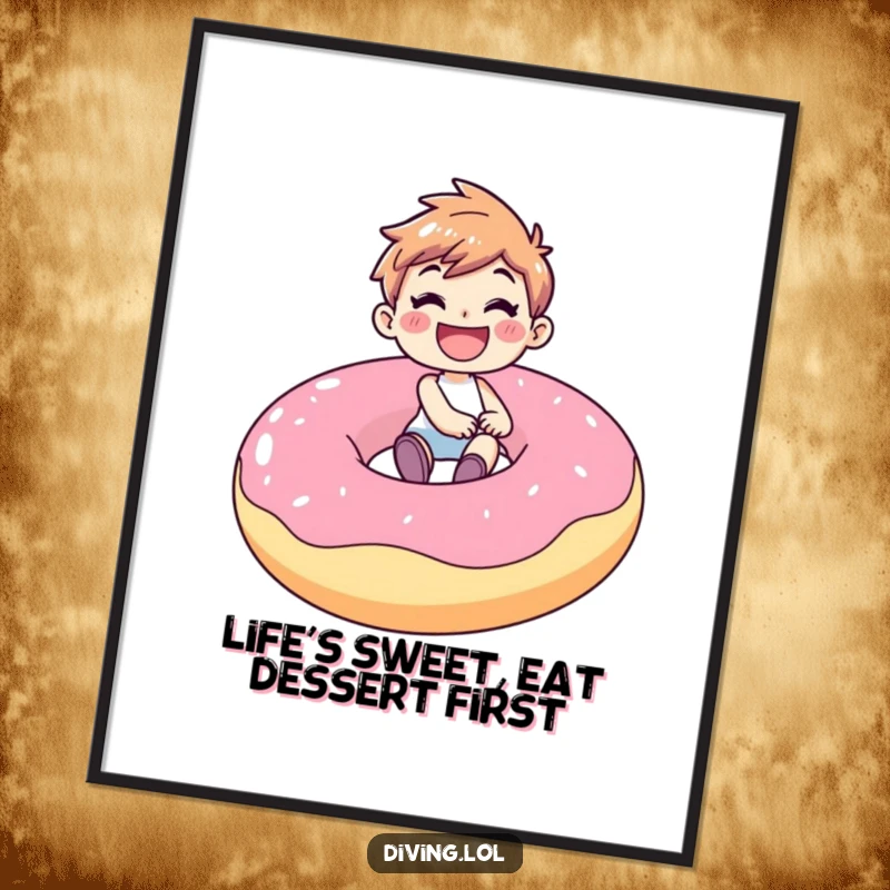 Funny free printable wall art of a joyful character with a gleeful grin riding a giant inflatable donut.