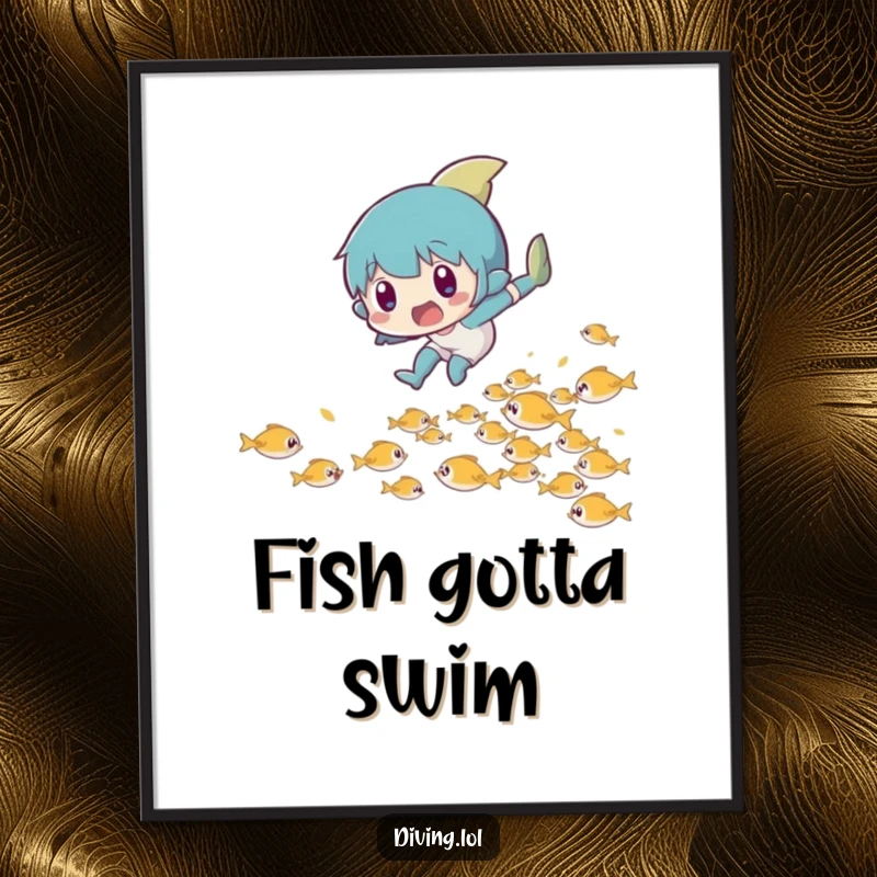 Funny Free Printable Wall Art: Character in a surprised leap, playfully dodging a school of tiny fish, a scene of charming chaos.