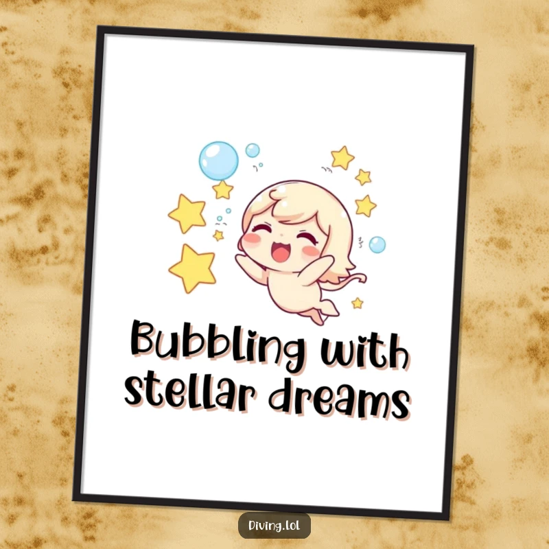 Funny Free Printable Wall Art: A cute character joyfully blows underwater bubbles shaped like twinkling stars for a magical scene.