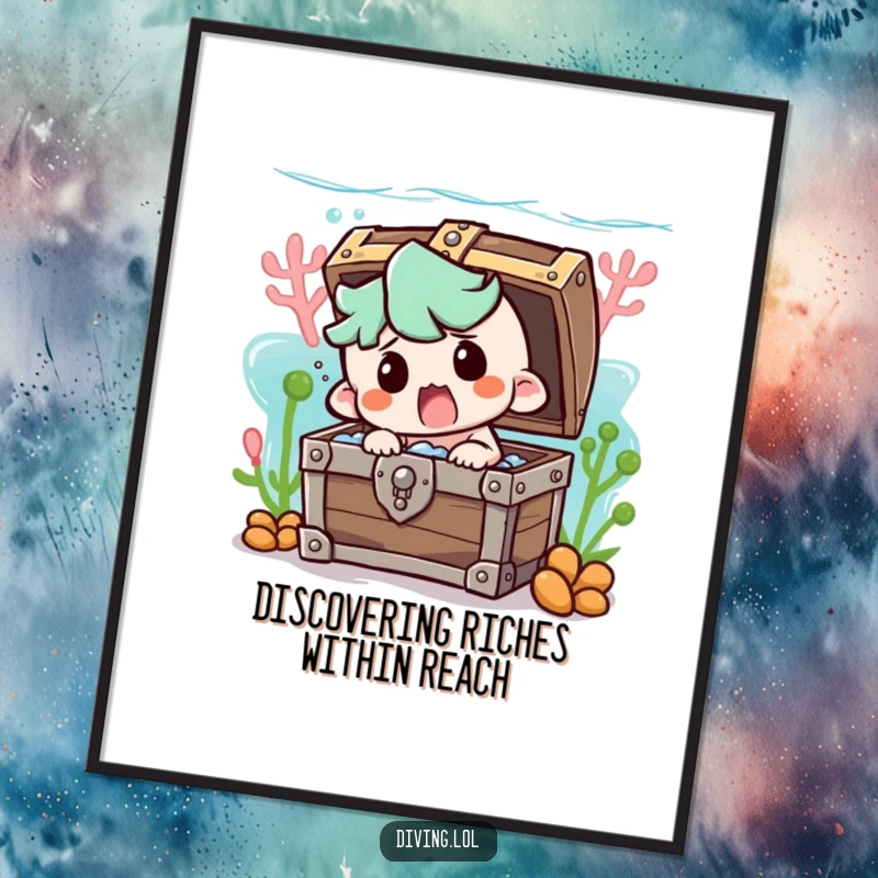 Funny Free Printable Wall Art: Character comically bumping into a treasure chest underwater with a comically startled face.