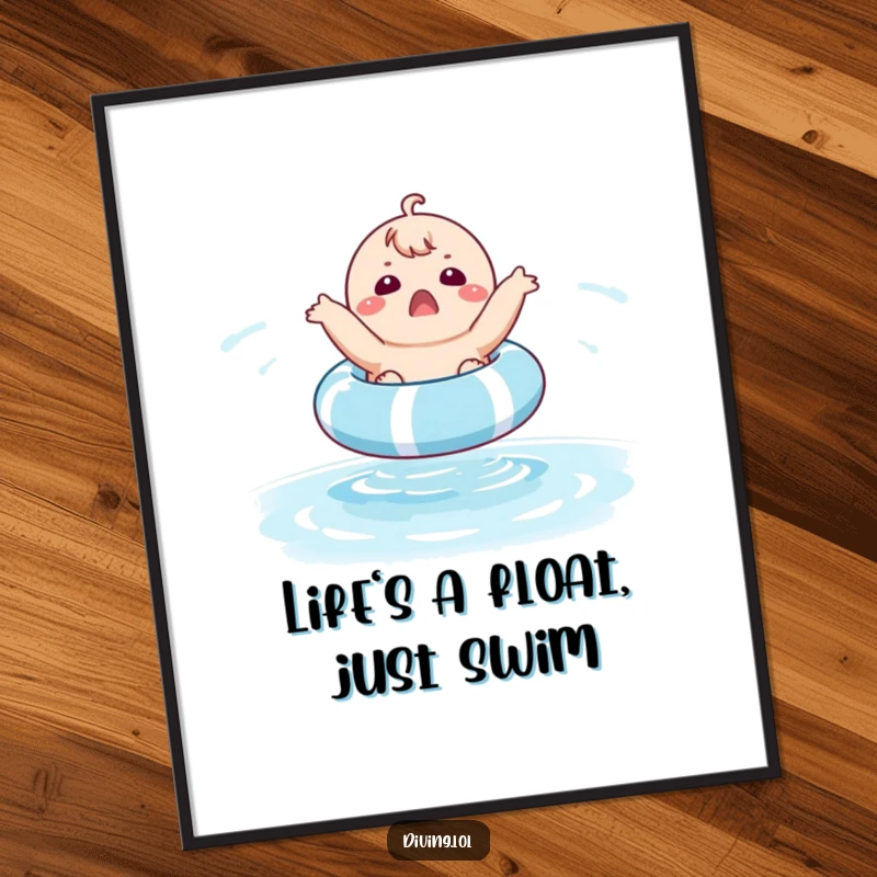 Funny free printable wall art of a chubby character with a surprised look bouncing on a pool float.