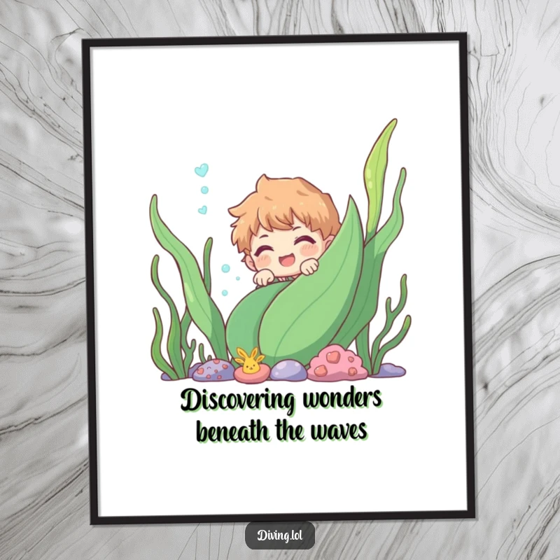 Funny Free Printable wall art of a smiling character playfully peeking from behind a large underwater plant.