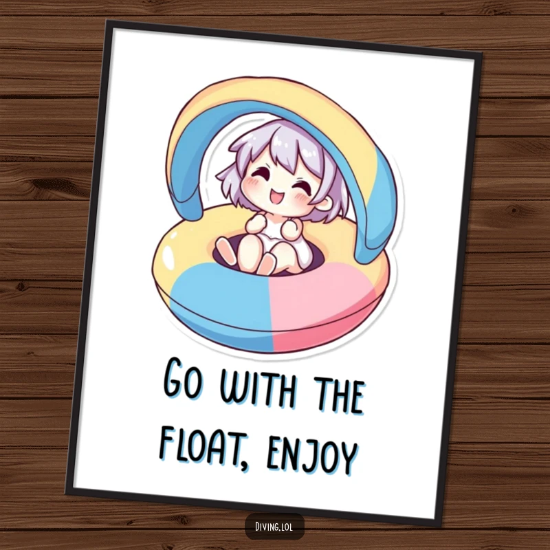 Funny Free Printable Wall Art: A cute, joyful character floats serenely on a colorful inflatable, exuding happiness and fun.