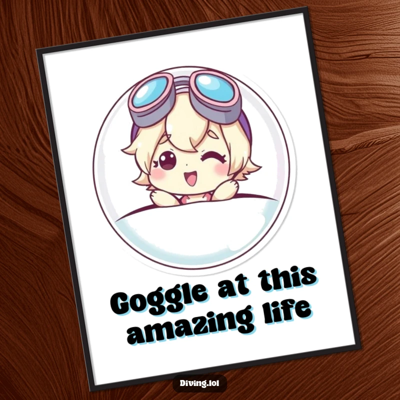 Funny Free Printable Wall Art: Cute character emerging from a bubble, goggles askew, with a wide, happy smile.