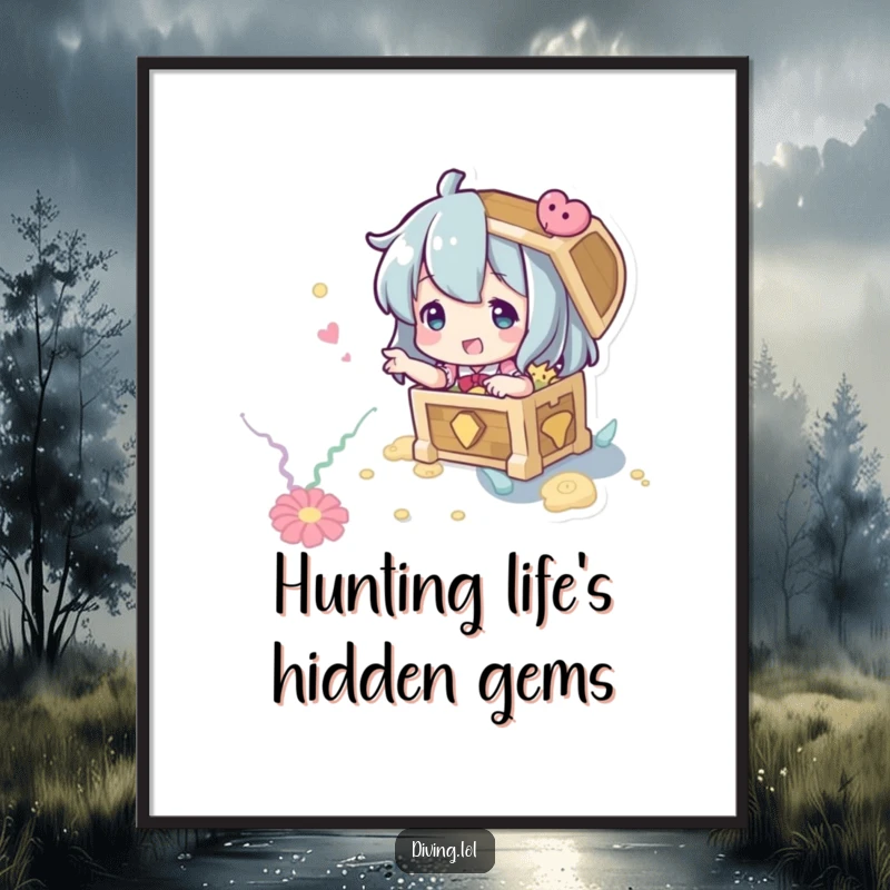 Funny Free Printable Wall Art: Character playfully gesturing with excitement towards an imagined, glittering treasure chest on the mysterious seabed.