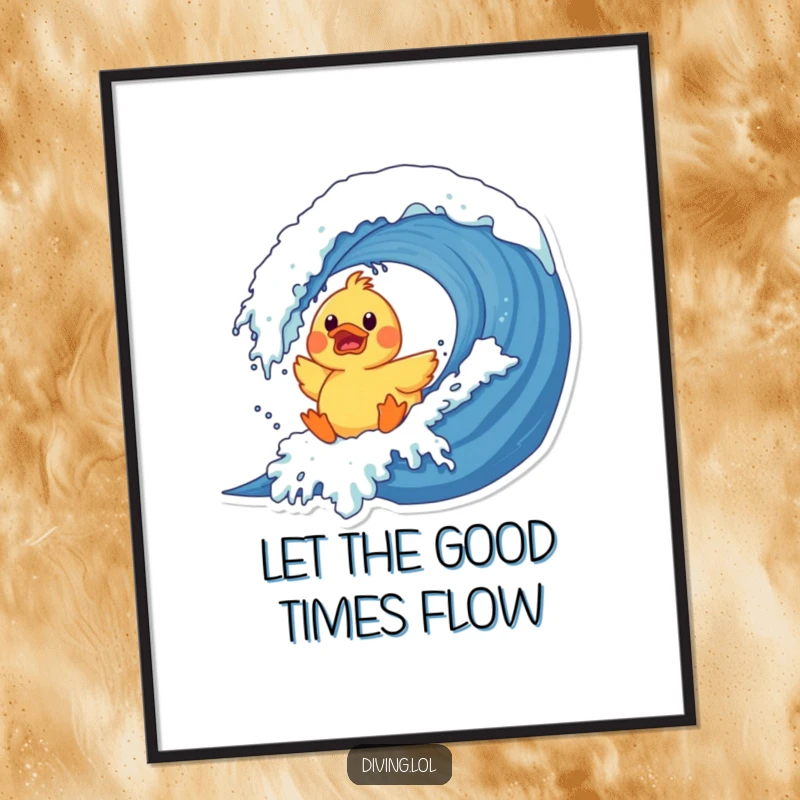 Funny Free Printable Wall Art: A surprised rubber duck character comically crashes into a giant wave, bringing a splash of fun.