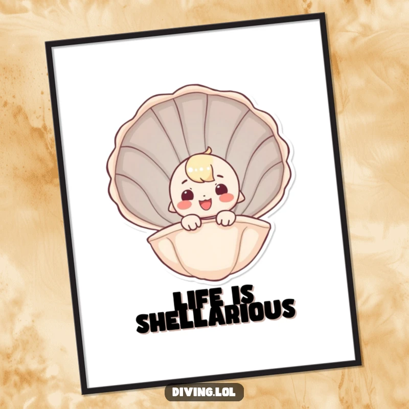 Funny Free Printable wall art featuring a whimsical character peeking out of a giant seashell with a charming smile, bringing coastal joy.