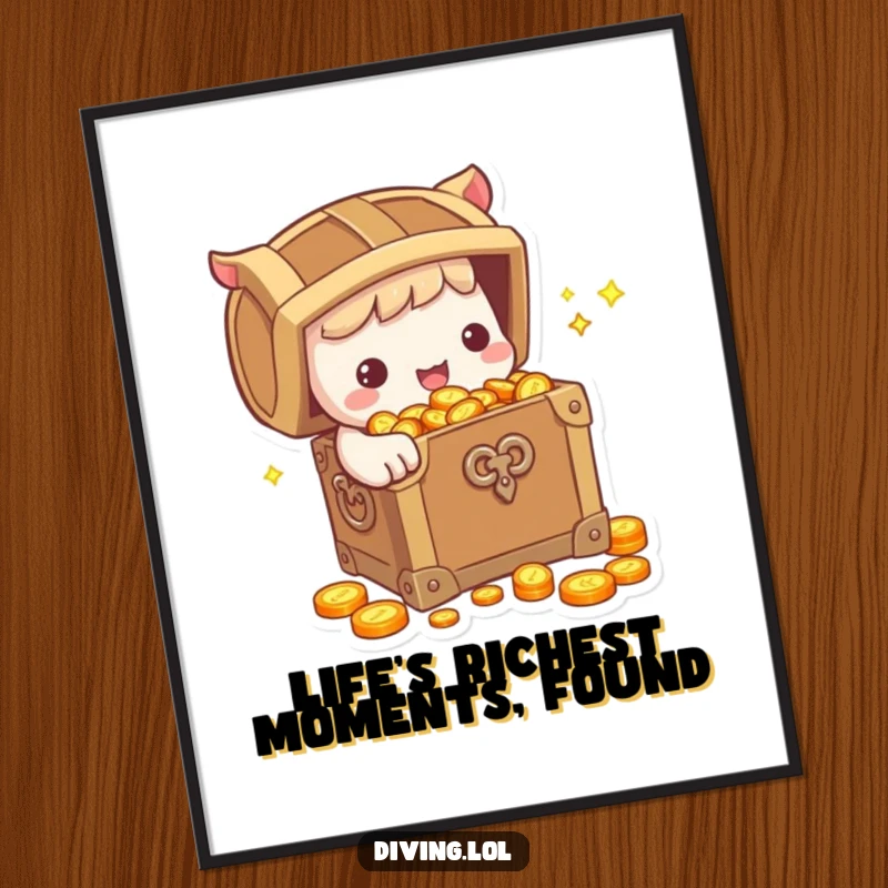 Funny Free Printable Wall Art: Cute character happily holding a treasure chest brimming with dazzling coins, a humorous art piece.