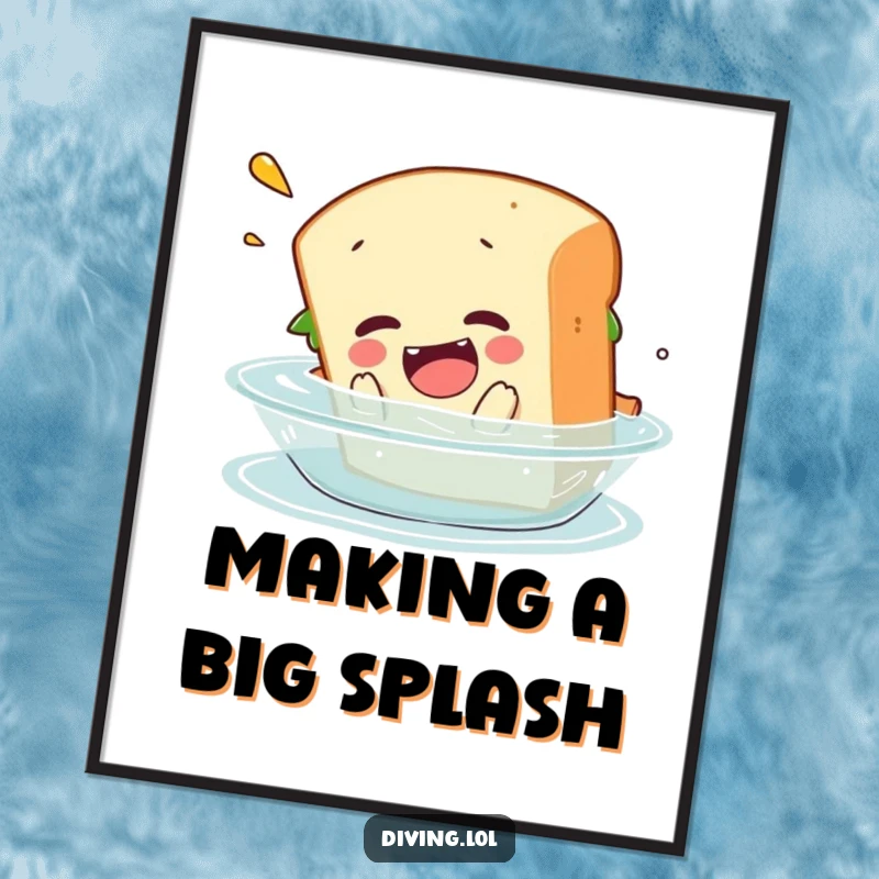 Funny Free Printable Wall Art: A clumsy sandwich character executing a comical belly flop into water, a hilarious art piece.