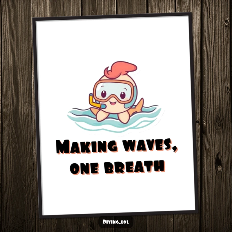 Funny Free Printable Wall Art: Happy snorkel character gracefully gliding through wavy water, bringing underwater vibes.
