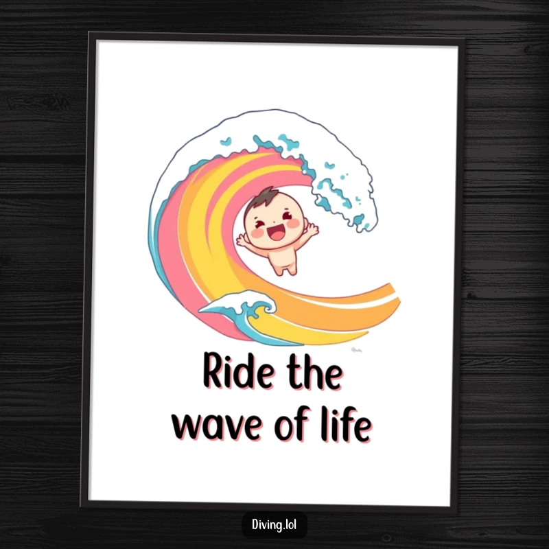 Funny Free Printable Wall Art: Exuberant character diving headfirst into a vibrant, stylized wave, capturing the thrill of the ocean.