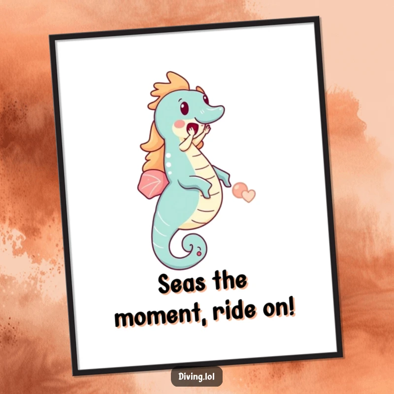 Funny Free Printable Wall Art: Small character riding a huge seahorse with pure delight, whimsical, joyful, downloadable decor.