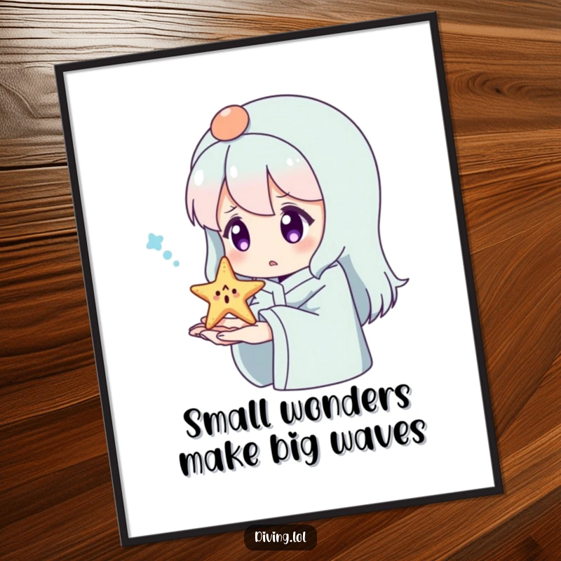 Funny Free Printable Wall Art: Character with a surprised expression gazes at a tiny, happy starfish resting on their open palm.