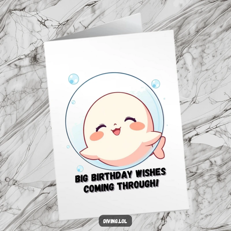 Funny Free Printable Birthday Card: a cute kawaii character joyfully blowing a giant bubble underwater with a huge grin.
