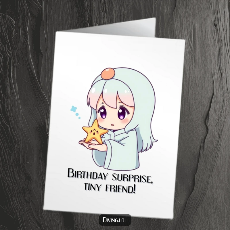 Funny Free Printable Birthday Card: Character looking surprised as a tiny, happy starfish sits adorably on their open hand.