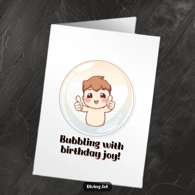 Funny Free Printable Birthday Card: Character giving two thumbs up from inside a large, transparent bubble, conveying pure joy and celebration.