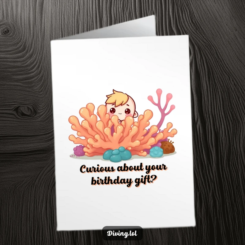 Funny Free Printable Birthday Card: a tiny character curiously peeking from behind a coral reef with wide eyes.