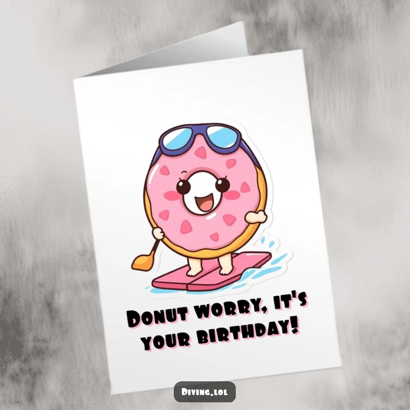 Funny Free Printable Birthday Card: Cheerful donut in flippers paddling with joy, a delightful DIY gift idea.