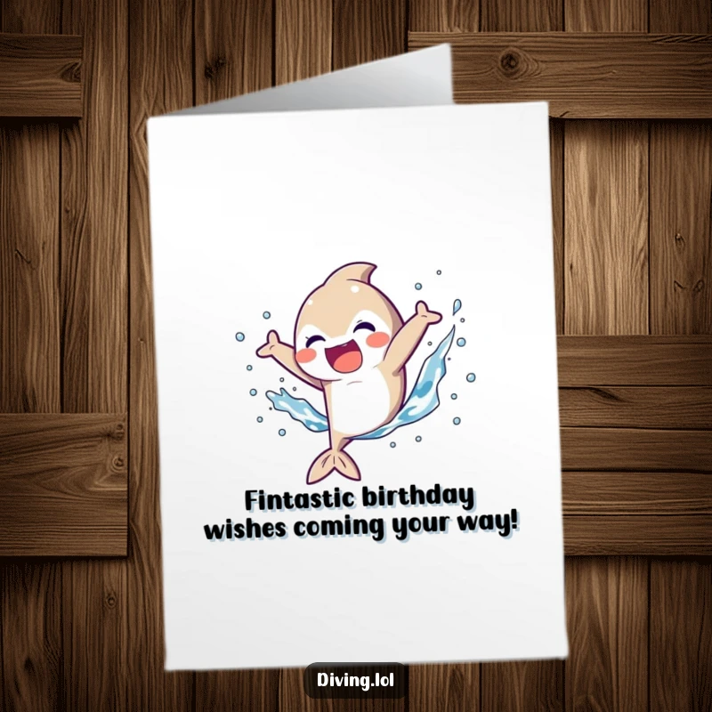 Funny Free Printable Birthday Card: Energetic character enthusiastically kicking fins in a joyful splash, ready to party.