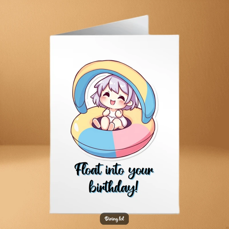 Funny Free Printable Birthday Card: A cute, joyful character floats blissfully on a colorful inflatable, celebrating relaxation.