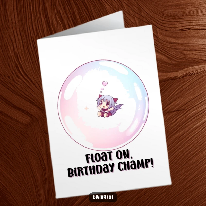 Funny Free Printable Birthday Card: Small character joyfully riding giant bubble underwater, whimsical celebration, DIY gift.