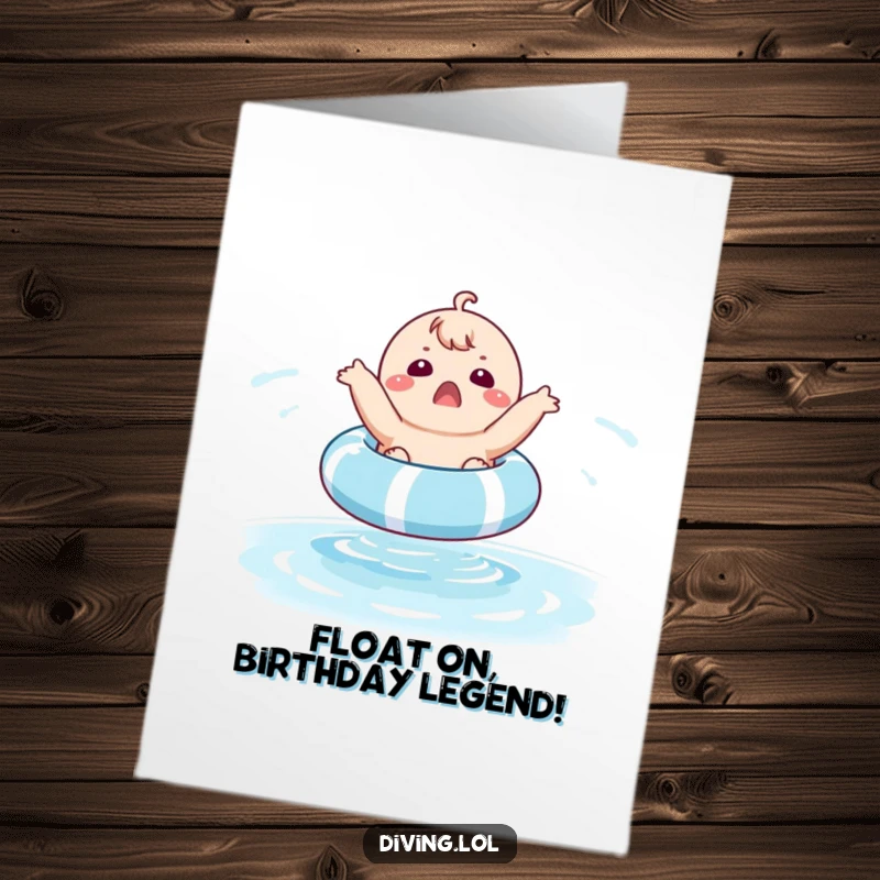 Funny free printable birthday card featuring a chubby character comically surprised on a pool float.