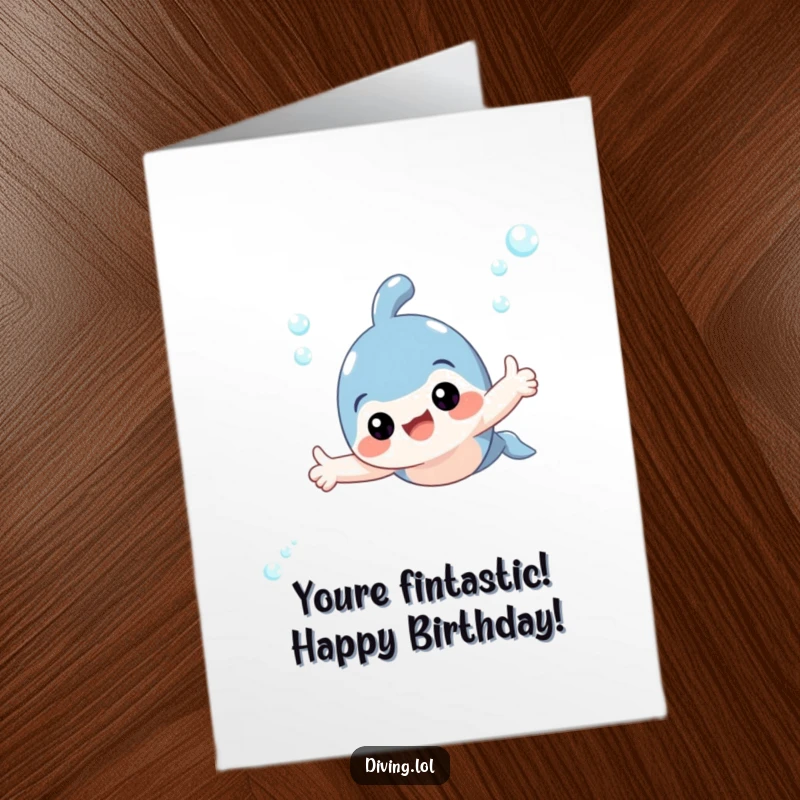 Funny Free Printable birthday card featuring an adorable subject swimming underwater, giving a big thumbs up with a joyful expression.