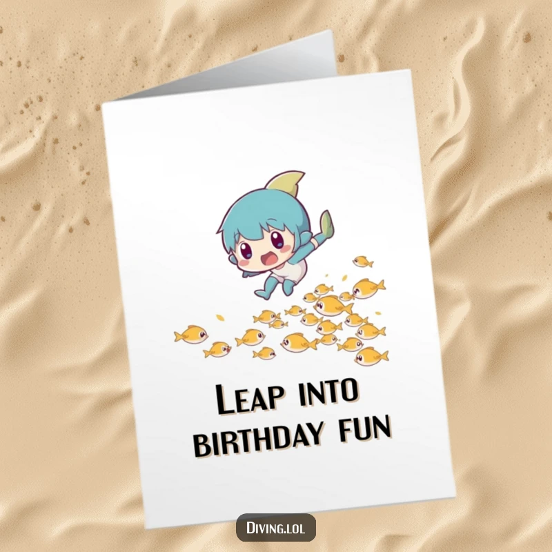 Funny Free Printable Birthday Card: Character in a surprised leap, playfully dodging tiny fish, a moment of playful chaos.