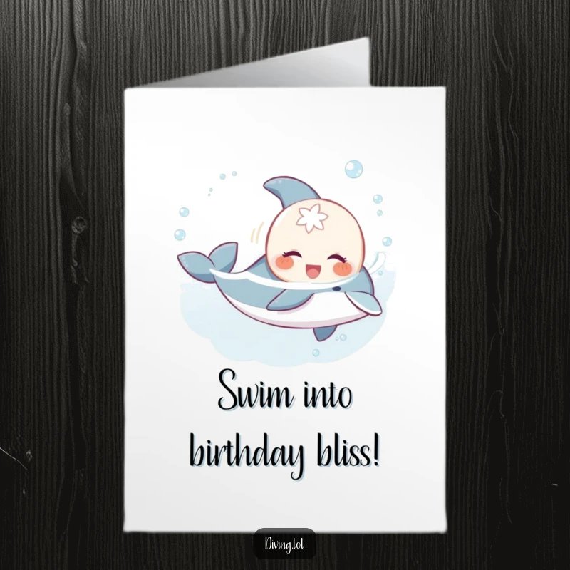 Funny Free Printable Birthday Card: Sweet creature gleefully swimming with playful dolphin, underwater celebration, DIY gift.