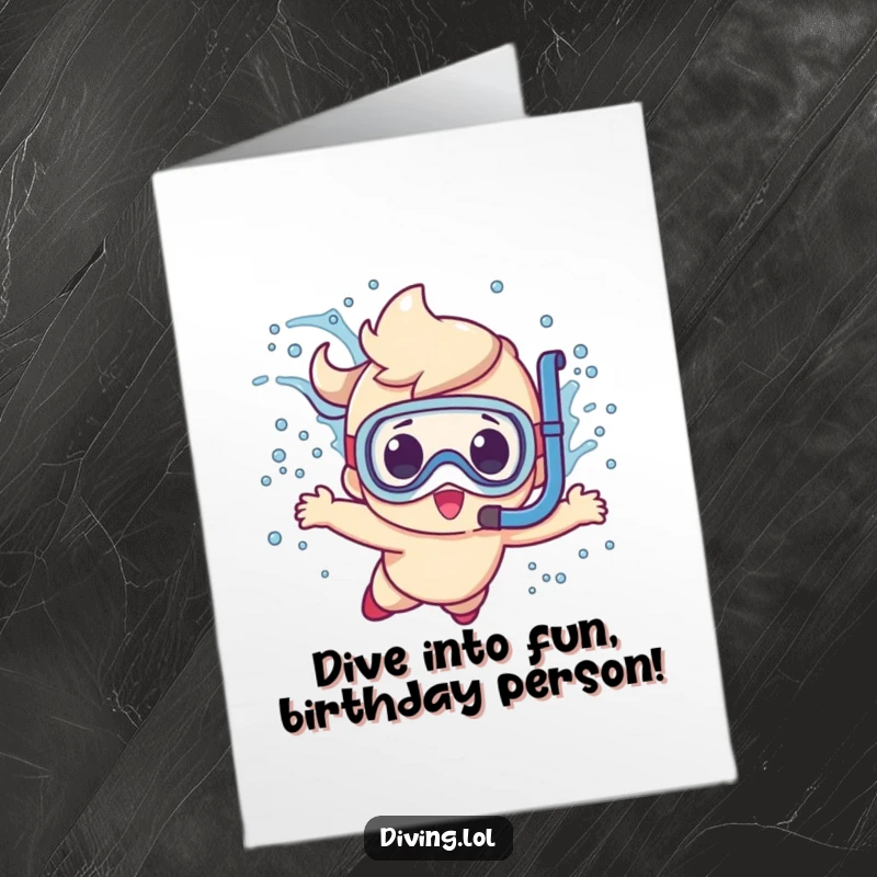 Funny Free Printable Birthday Card: Cute character diving with snorkel, making a big splash, underwater celebration, DIY gift.