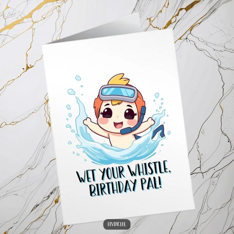 Funny Free Printable Birthday Card: Cheerful diver playfully splashing a friend with a big smile, celebrating with water fun.