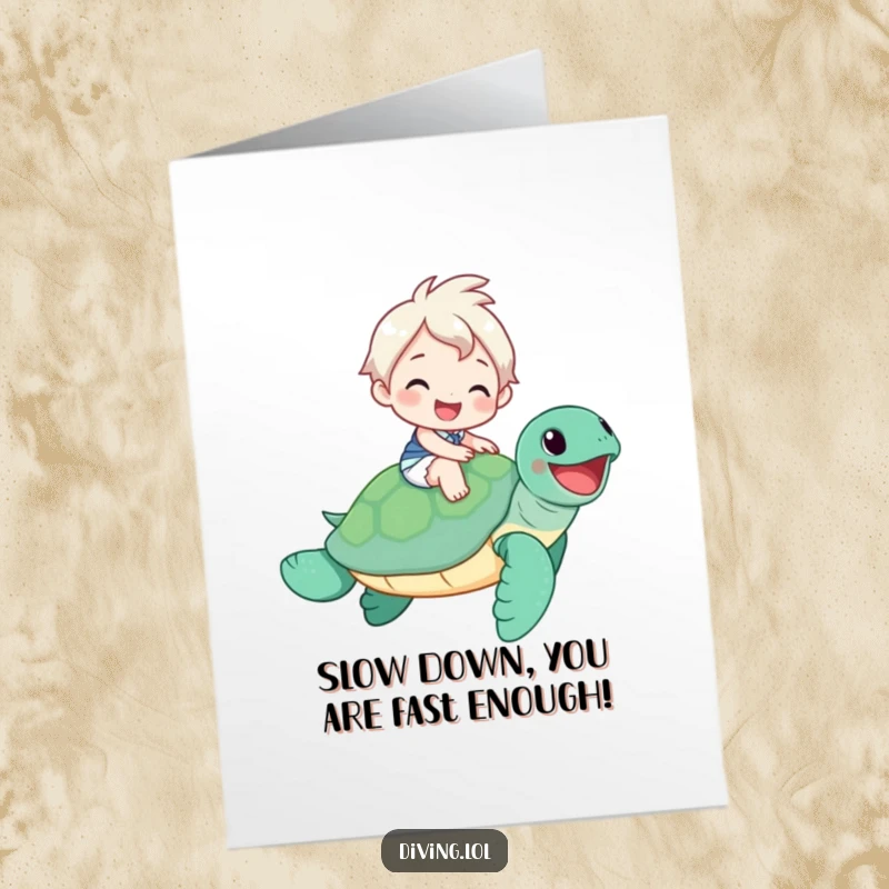 Funny Free Printable Birthday Card featuring a smiling character riding a happy sea turtle, perfect for a lighthearted celebration.