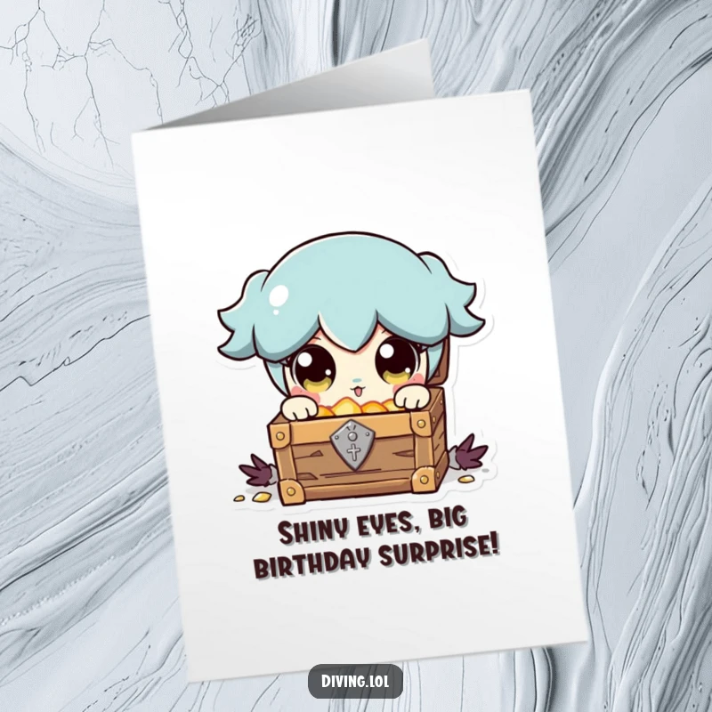 Funny Free Printable Birthday Card: Character wide-eyed at a shining treasure chest, perfect for a joyous DIY gift.