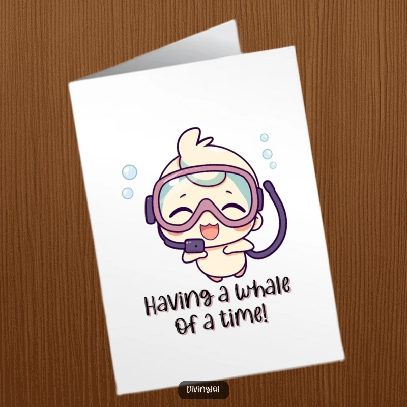 Funny Free Printable Birthday Card: Kawaii character scuba diving, giggling underwater, joyful birthday surprise, downloadable gift.