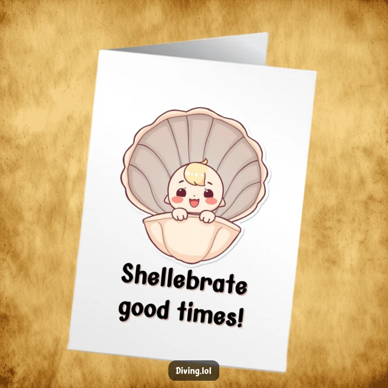 Funny Free Printable birthday card featuring a whimsical character peeking happily out of a giant seashell, ready to wish you well.