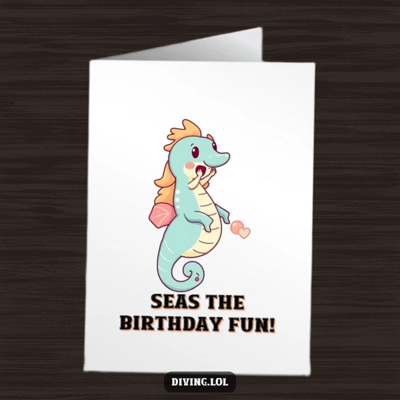 Funny Free Printable Birthday Card: Small character joyfully riding a giant seahorse, pure delight, perfect for a downloadable gift.
