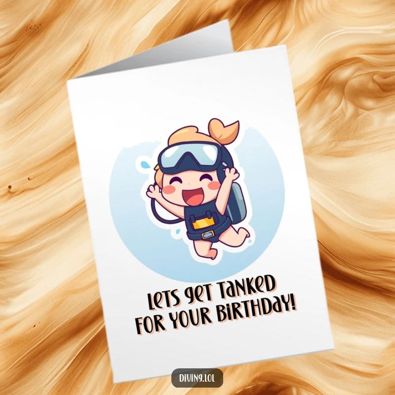 Funny Free Printable Birthday Card: Character laughing hysterically while dangling from a scuba tank, celebrating with pure joy.