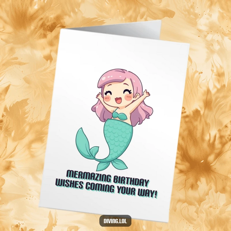 Funny Free Printable Birthday Card of a playful character joyfully kicking legs, pretending to be a whimsical mermaid.