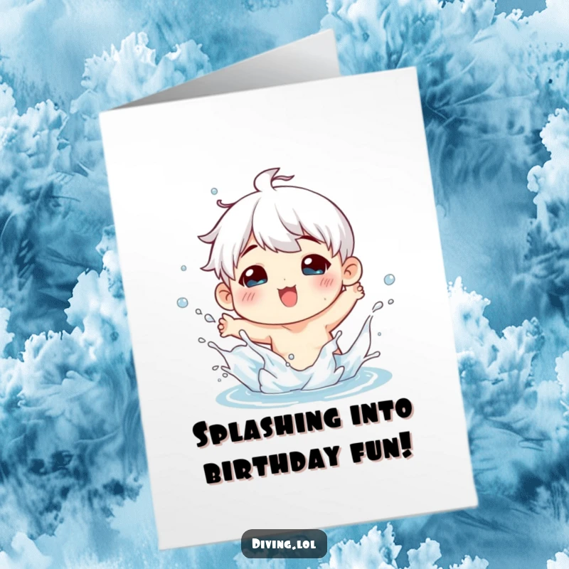 Funny Free Printable Birthday Card: A charming character playfully splashes water with a wide, happy smile, celebrating joyfully.