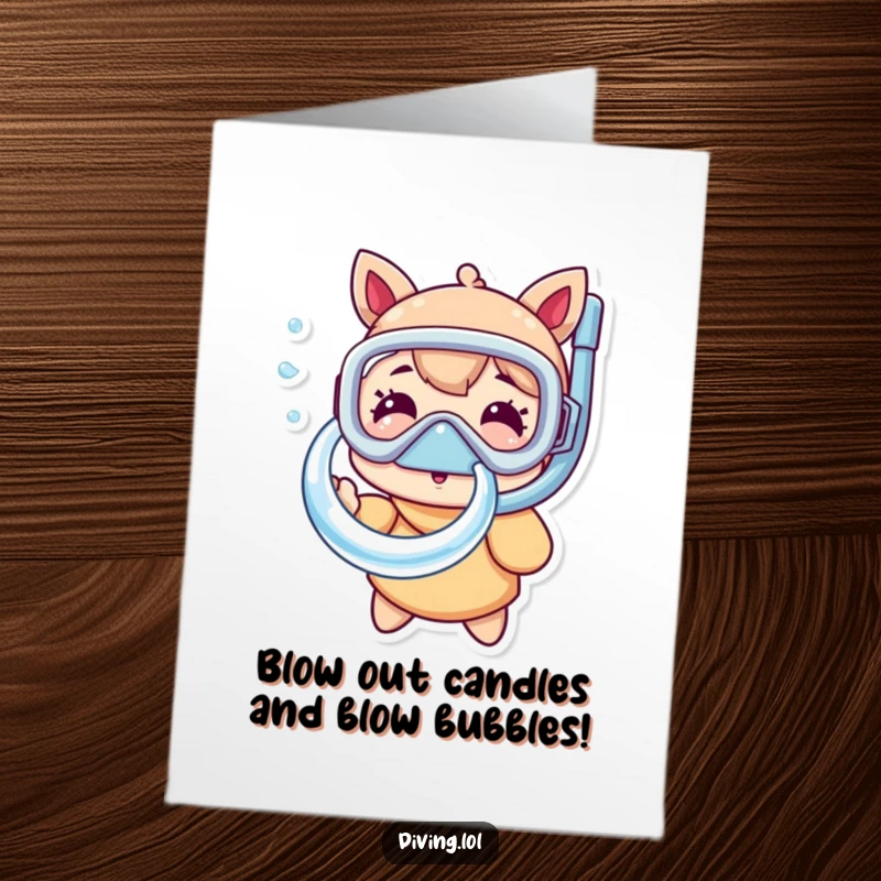 Funny Free Printable Birthday Card: A character in a snorkel mask playfully blowing a large, perfect bubble ring underwater.
