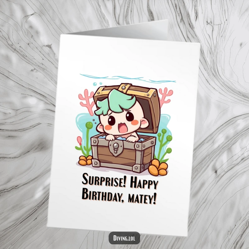 Funny Free Printable Birthday Card: Character comically bumping into a treasure chest underwater with a startled face.