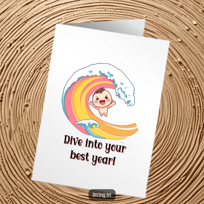 Funny Free Printable Birthday Card: Energetic character comically diving headfirst into a vibrant, stylized ocean wave, celebrating with pure joy.