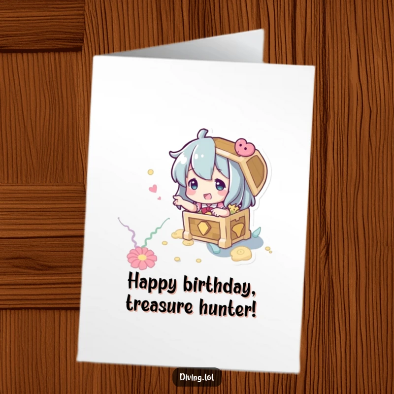 Funny Free Printable Birthday Card: Character pointing excitedly to an imagined treasure chest deep on the seabed, ready for fun.